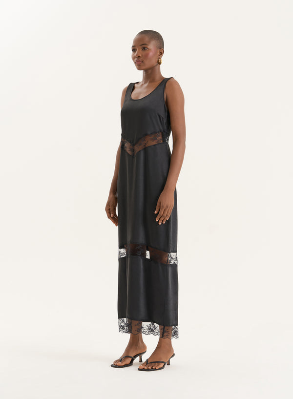 4th & Reckless Black Satin Lace Cut Out Maxi Dress- Sander