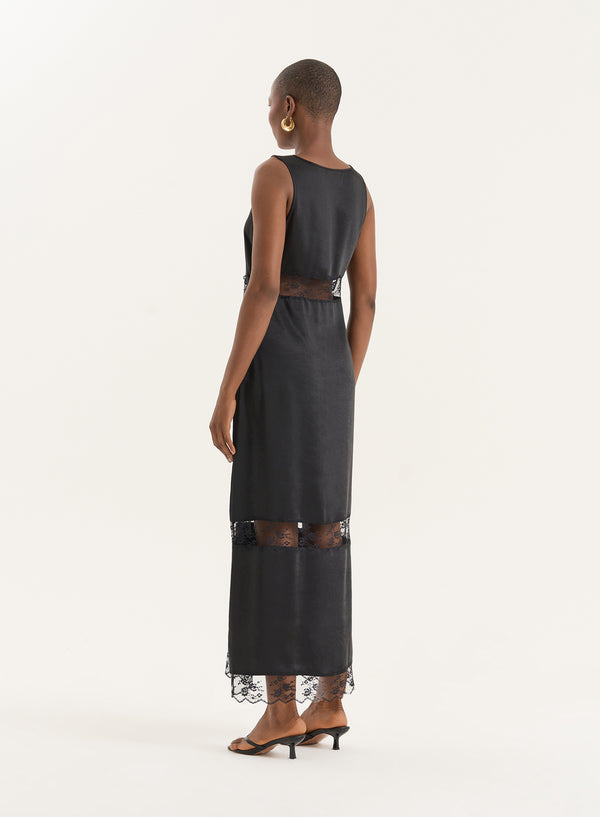 4th & Reckless Black Satin Lace Cut Out Maxi Dress- Sander