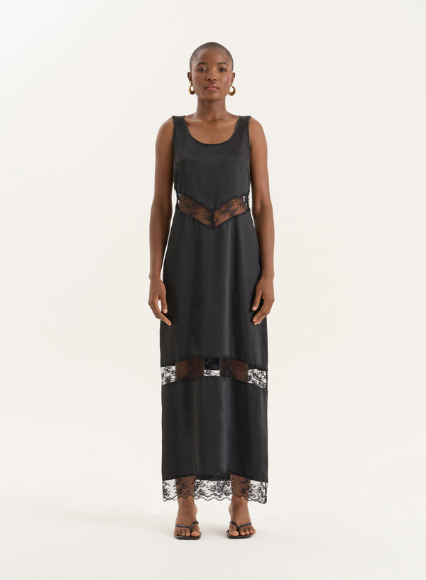 4th & reckless Black Satin Lace Cut Out Maxi Dress- Sander