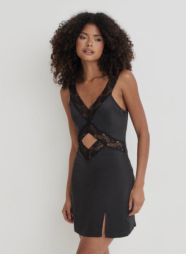 4th & Reckless Black Satin Lace Slip Mini Dress- Milah