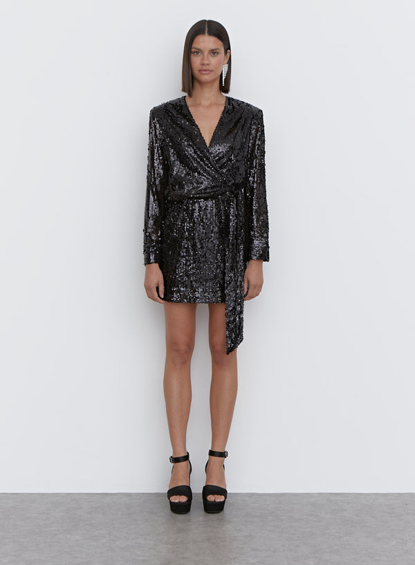 4th & Reckless Black Sequin Tie Waist Mini Dress - Olsen