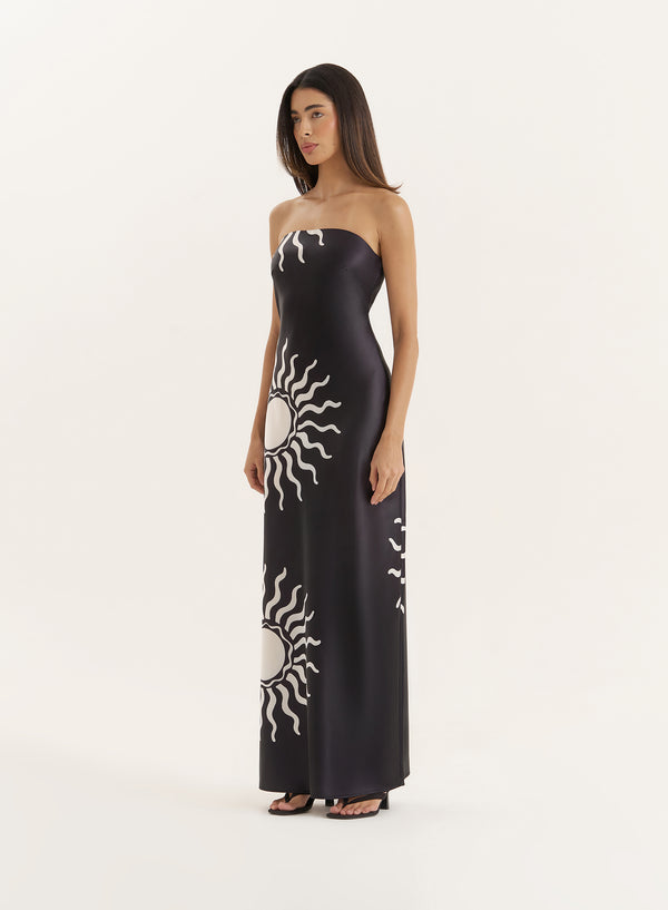 4th & Reckless Black Sun Print Bandeau Satin Maxi Dress- Shona