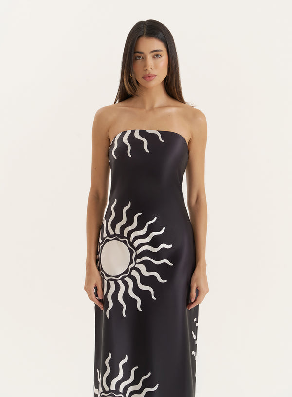 4th & Reckless Black Sun Print Bandeau Satin Maxi Dress- Shona