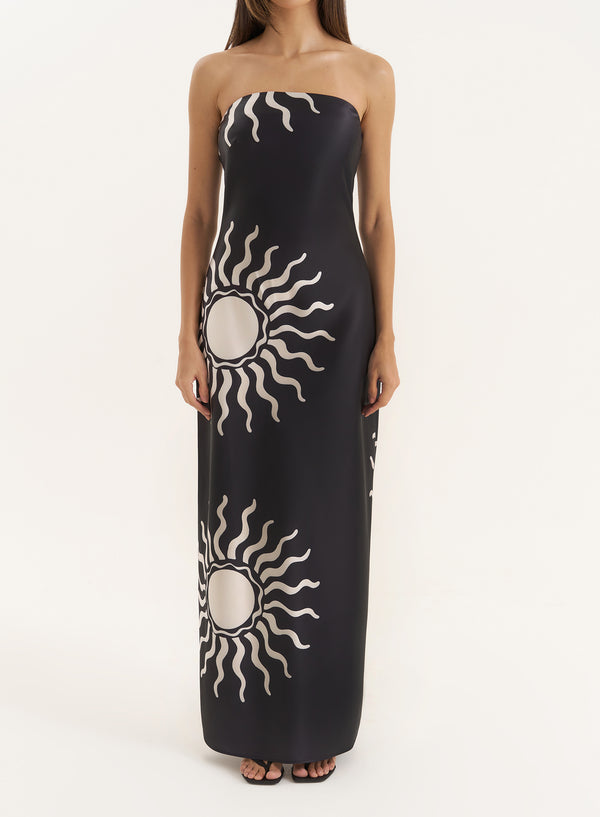4th & Reckless Black Sun Print Bandeau Satin Maxi Dress- Shona