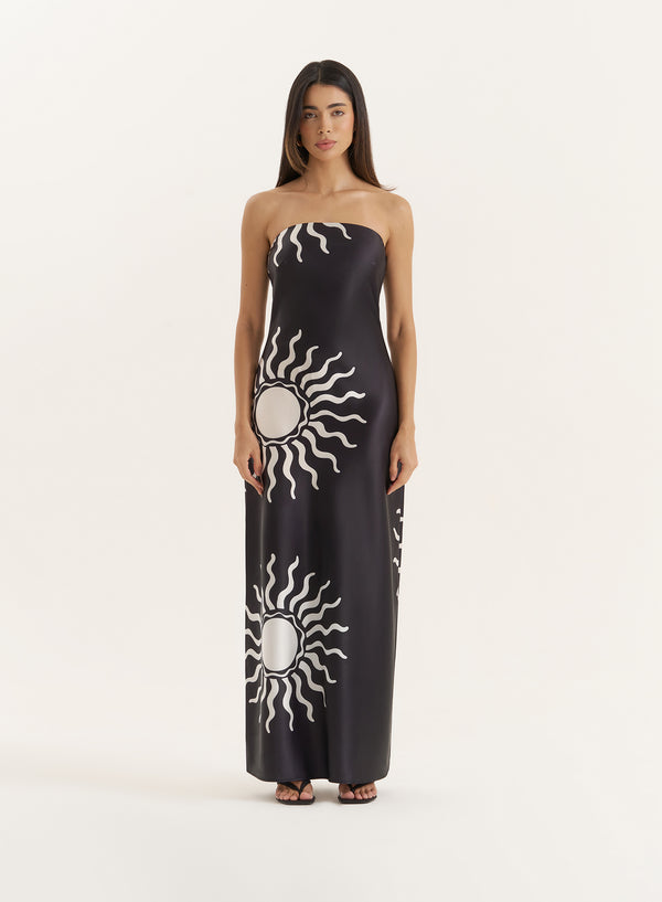 4th & reckless Black Sun Print Bandeau Satin Maxi Dress- Shona
