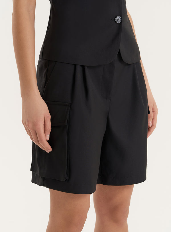 4th & Reckless Black Tailored Longline Cargo Shorts- Devon