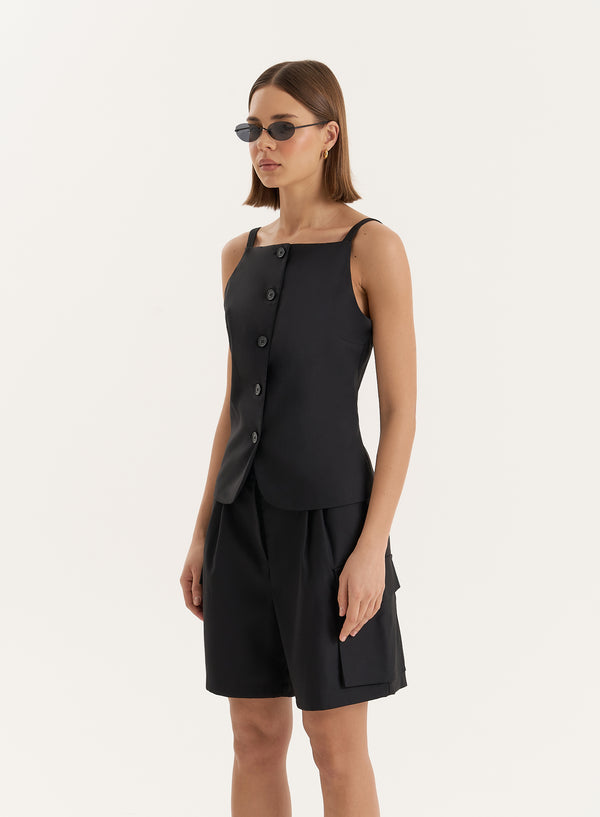 4th & Reckless Black Tailored Longline Cargo Shorts- Devon