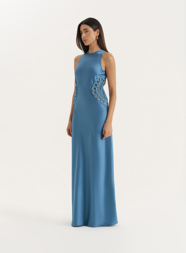 4th & Reckless Blue Crochet Insert Satin Maxi Dress- Aver