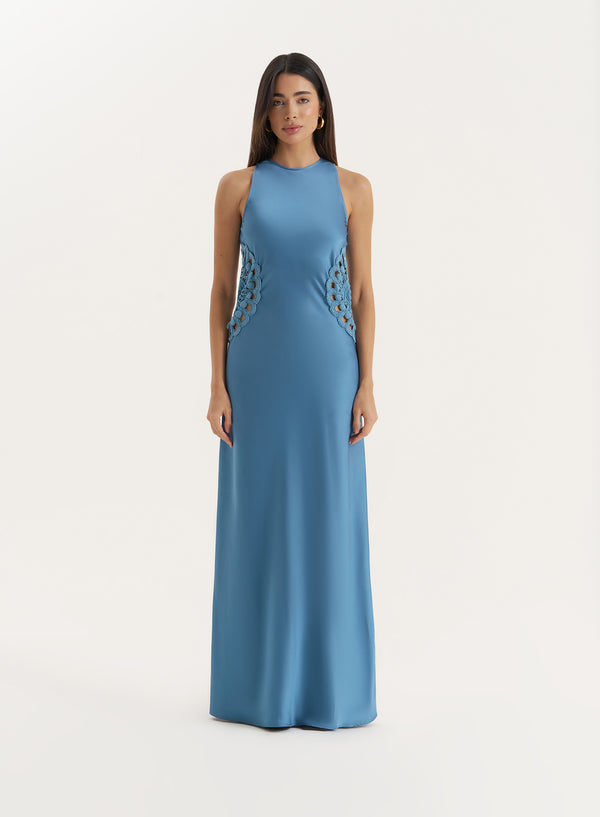 4th & reckless Blue Crochet Insert Satin Maxi Dress- Aver