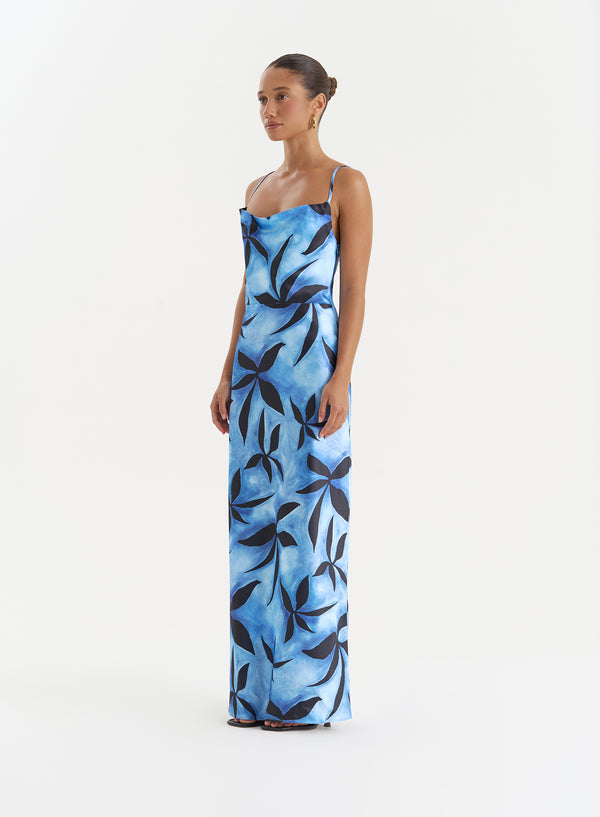 4th & Reckless Blue Floral Print Satin Maxi Dress- Monique