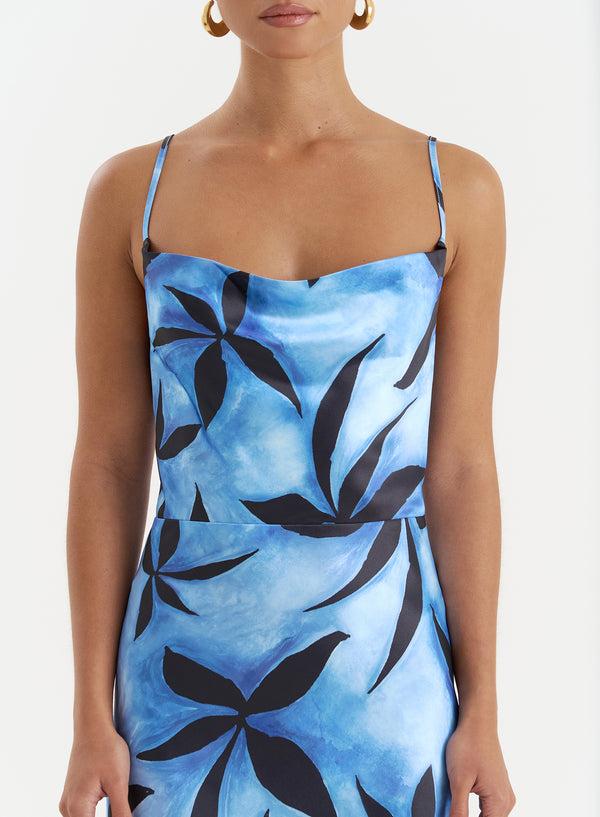 4th & Reckless Blue Floral Print Satin Maxi Dress- Monique