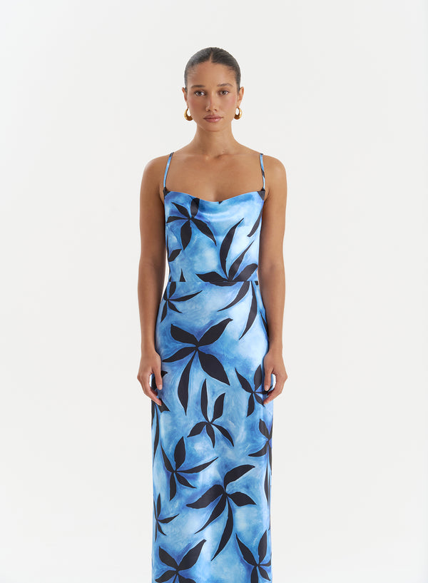 4th & Reckless Blue Floral Print Satin Maxi Dress- Monique