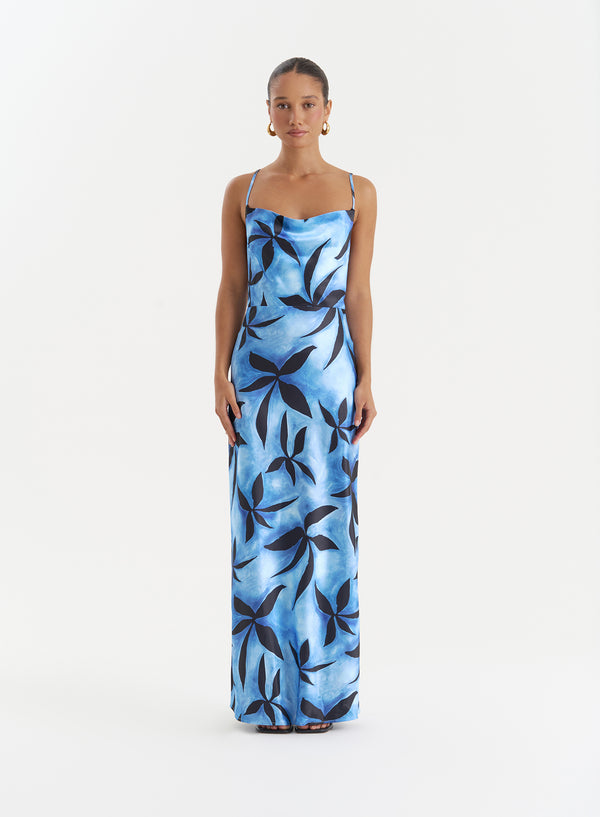 4th & reckless Blue Floral Print Satin Maxi Dress- Monique