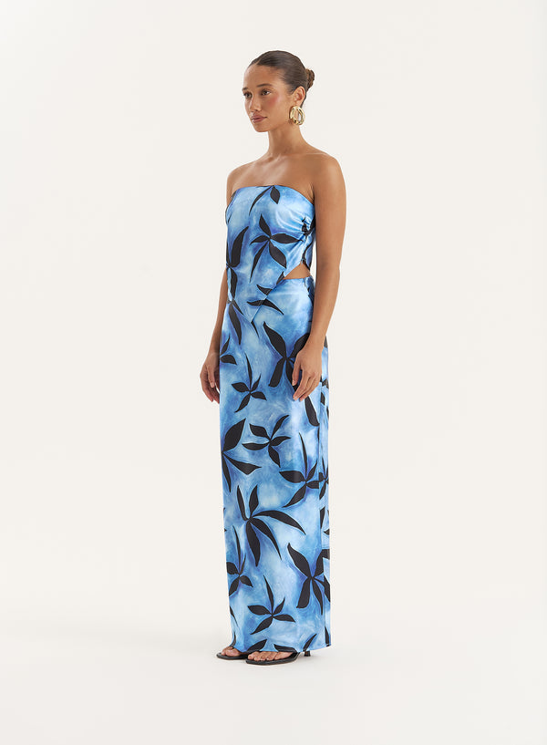 4th & Reckless Blue Floral Print Satin Maxi Skirt- Iris