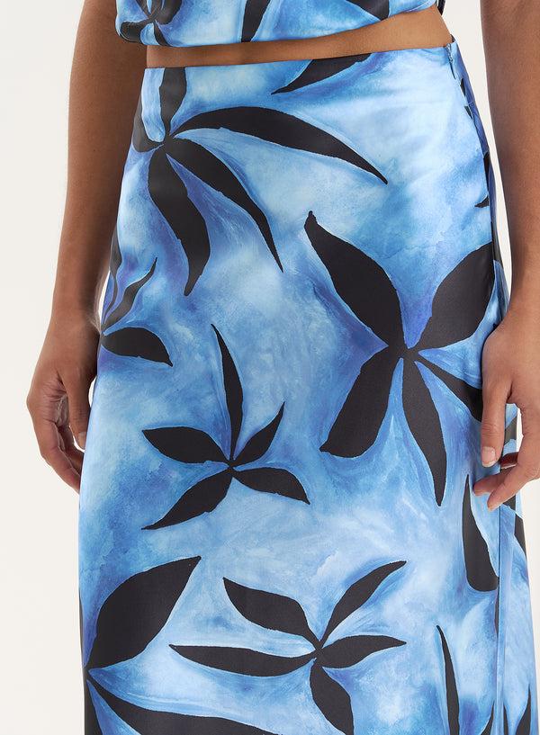 4th & Reckless Blue Floral Print Satin Maxi Skirt- Iris