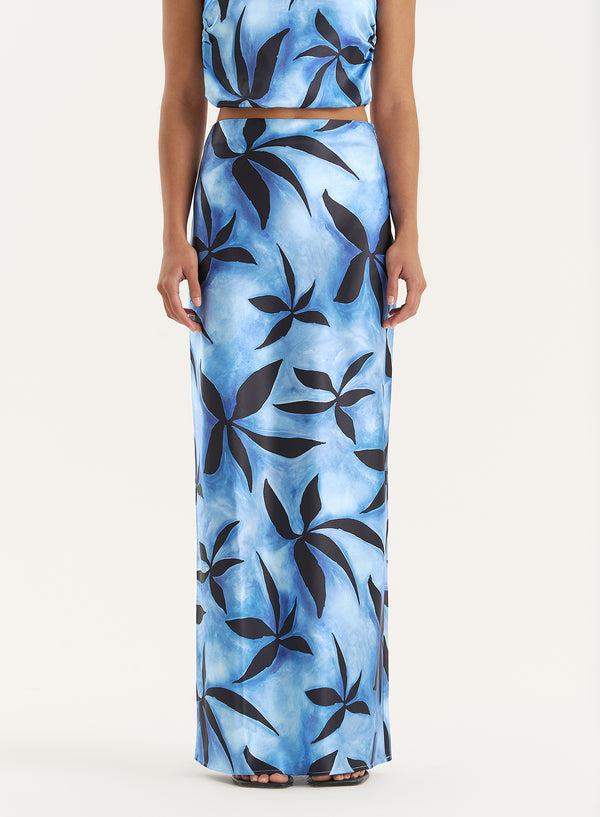 4th & Reckless Blue Floral Print Satin Maxi Skirt- Iris