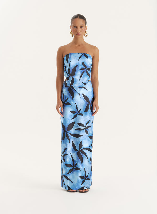 4th & reckless Blue Floral Print Satin Maxi Skirt- Iris