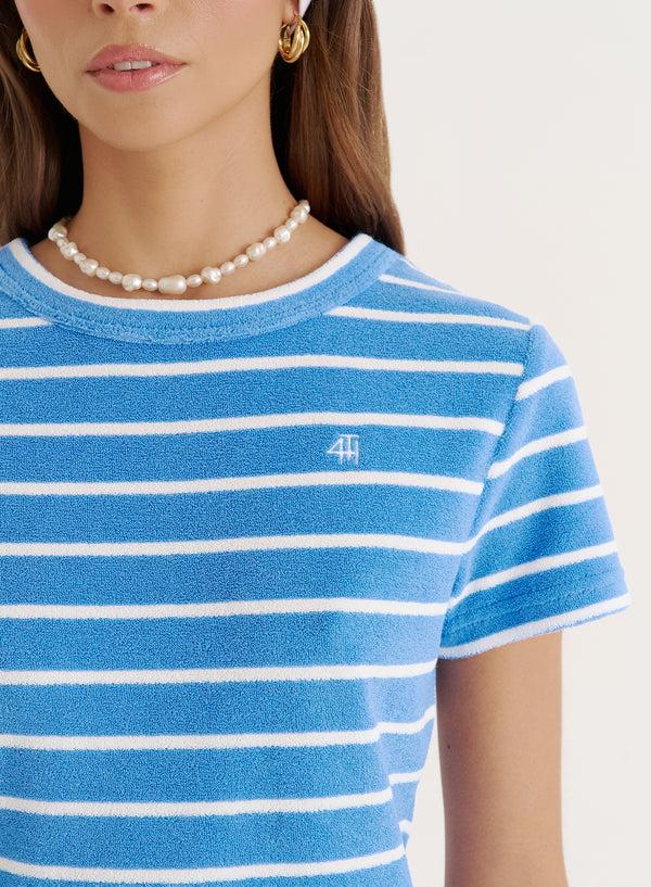 4th & Reckless Blue Stripe Towelling Short Sleeve Top- Livia