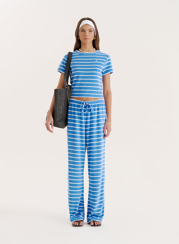 4th & Reckless Blue Stripe Towelling Short Sleeve Top- Livia