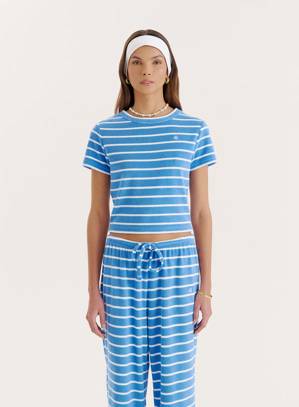 4th & reckless Blue Stripe Towelling Short Sleeve Top- Livia