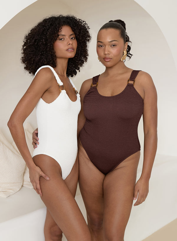 4th & Reckless Brown Crinkle Tortoiseshell Buckle Swimsuit- Cala