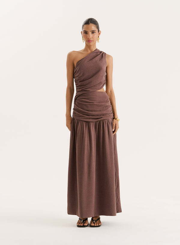4th & reckless Brown Linen Blend One Shoulder Maxi Dress- Yara