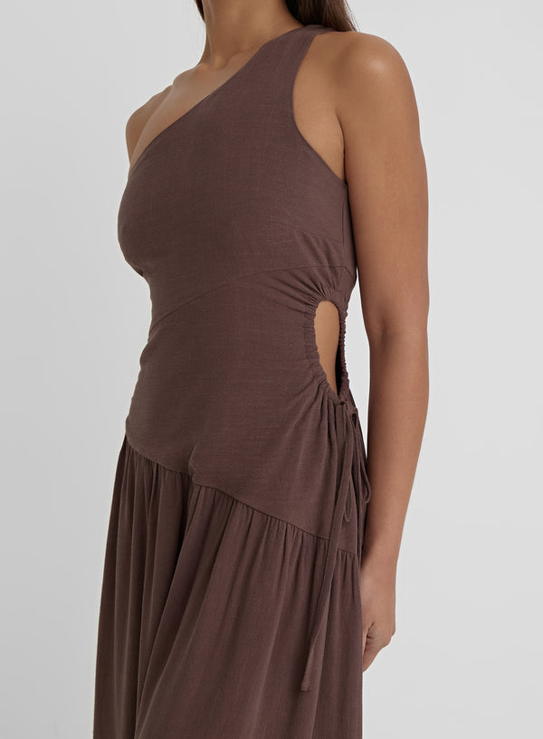 4th & Reckless Brown Linen One Shoulder Cut Out Detail Dress- Clara