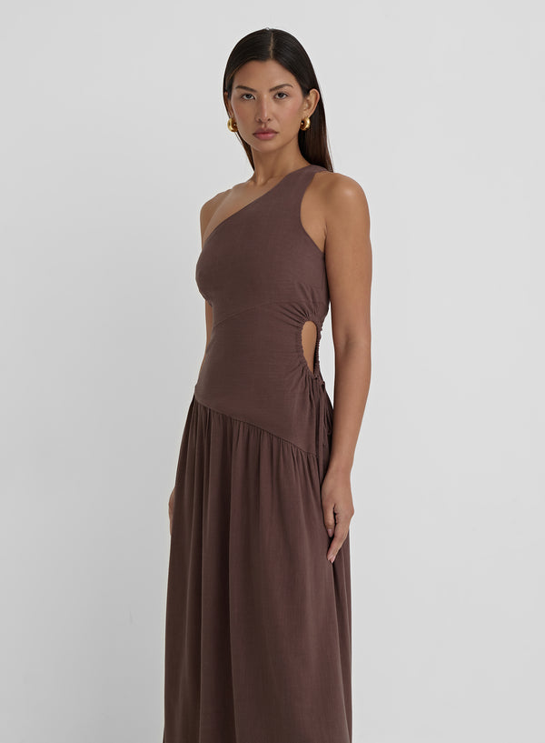 4th & Reckless Brown Linen One Shoulder Cut Out Detail Dress- Clara