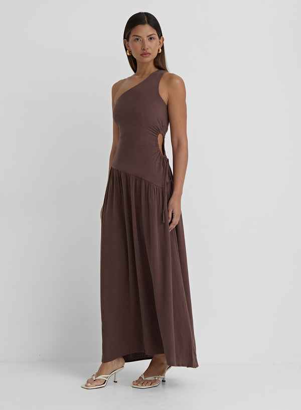 4th & Reckless Brown Linen One Shoulder Cut Out Detail Dress- Clara