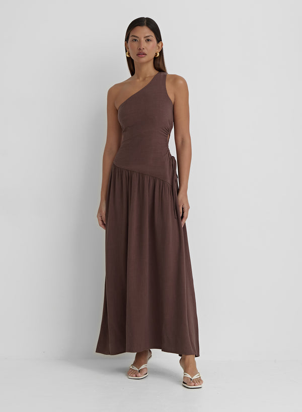 4th & reckless Brown Linen One Shoulder Cut Out Detail Dress- Clara