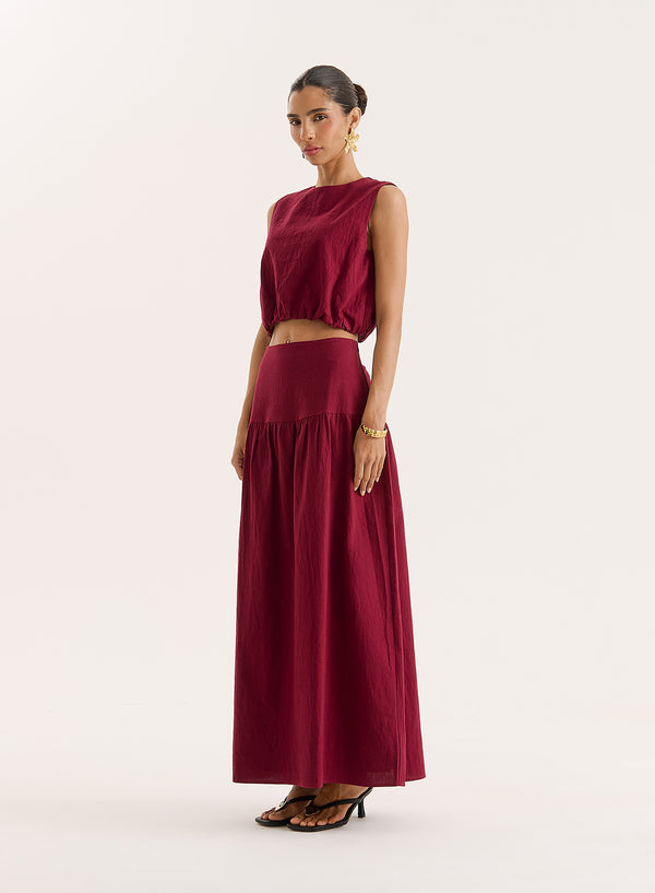 4th & Reckless Burgundy Cotton Drop Waist Maxi Skirt- Selene