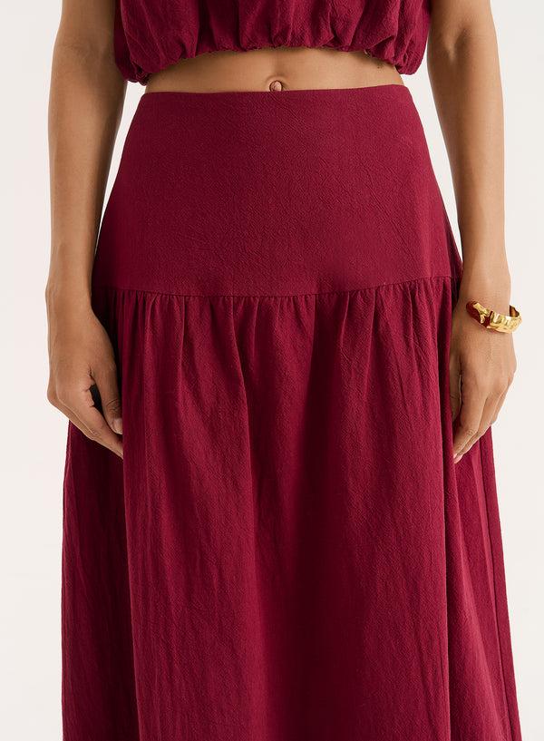 4th & Reckless Burgundy Cotton Drop Waist Maxi Skirt- Selene