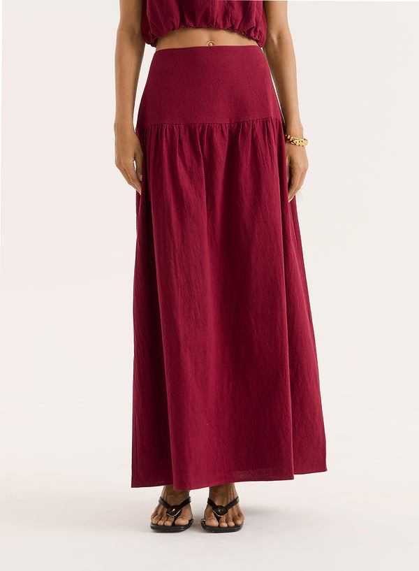 4th & Reckless Burgundy Cotton Drop Waist Maxi Skirt- Selene
