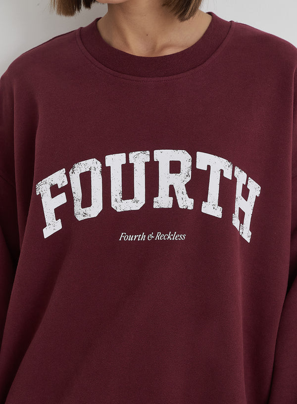 4th & Reckless Burgundy Distressed Fourth Slogan Oversized Sweatshirt- Rylee