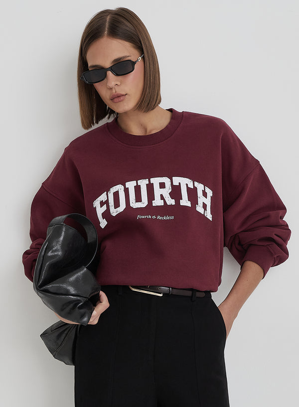4th & reckless Burgundy Distressed Fourth Slogan Oversized Sweatshirt- Rylee