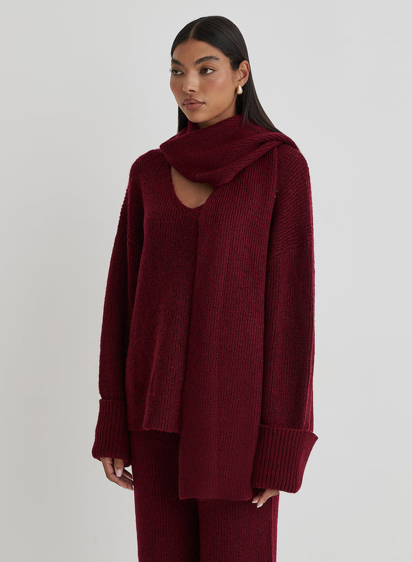 4th & Reckless Burgundy Slouchy Knitted Jumper With Scarf - Remy