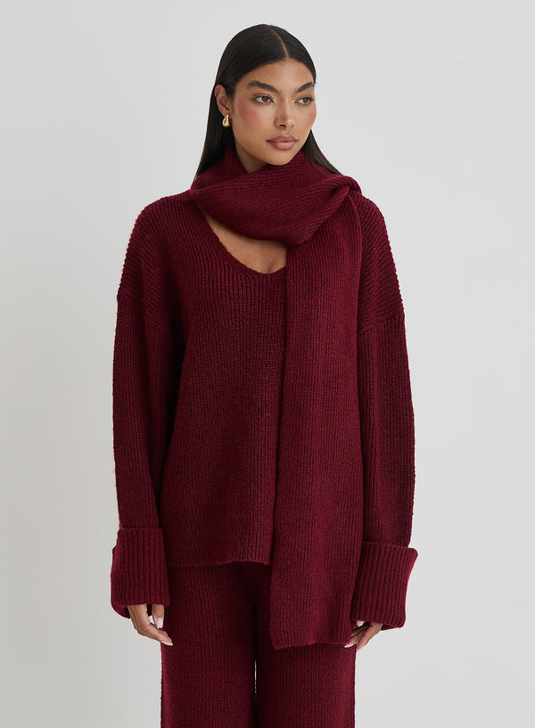 4th & reckless Burgundy Slouchy Knitted Jumper With Scarf - Remy