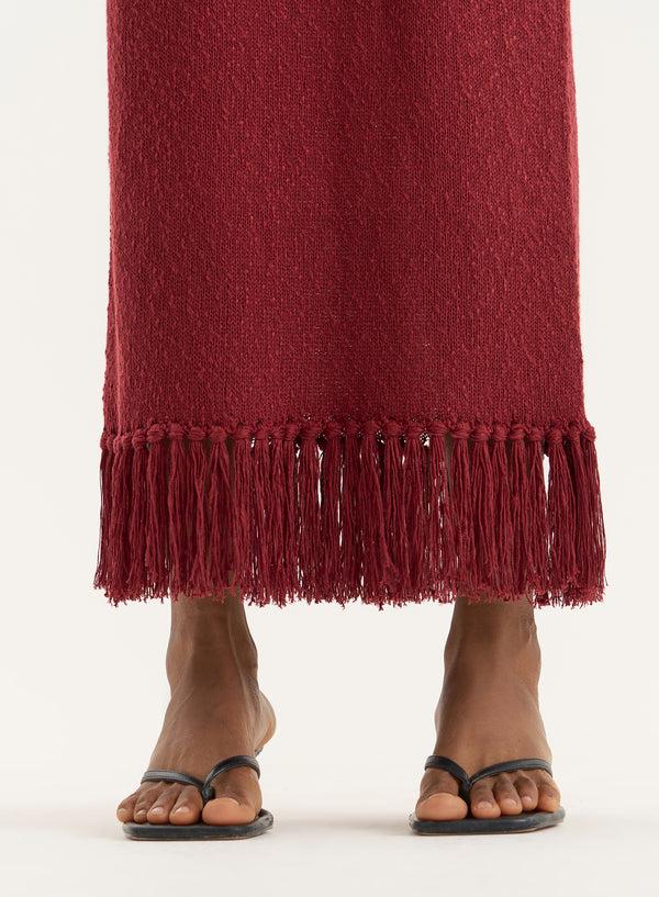 4th & Reckless Burgundy Tassel Trim Knitted Maxi Skirt- Gabby