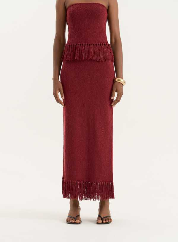 4th & Reckless Burgundy Tassel Trim Knitted Maxi Skirt- Gabby