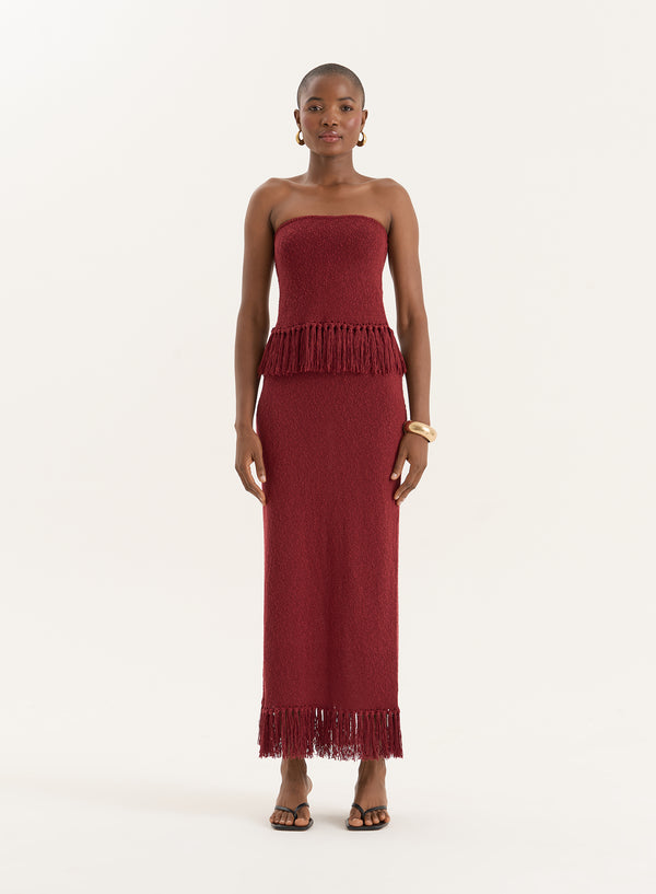 4th & reckless Burgundy Tassel Trim Knitted Maxi Skirt- Gabby