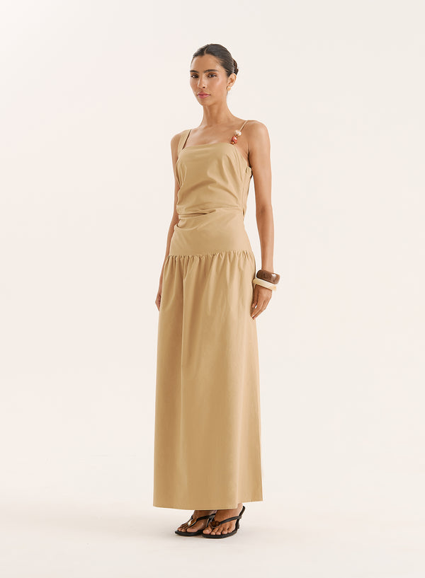4th & Reckless Camel Bead Detail Strap Drop Waist Maxi Dress- Antonia