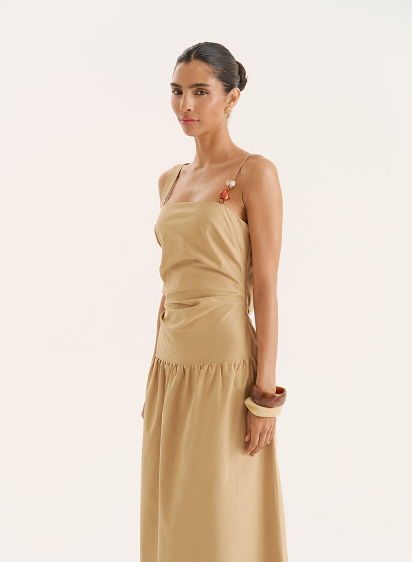 4th & Reckless Camel Bead Detail Strap Drop Waist Maxi Dress- Antonia