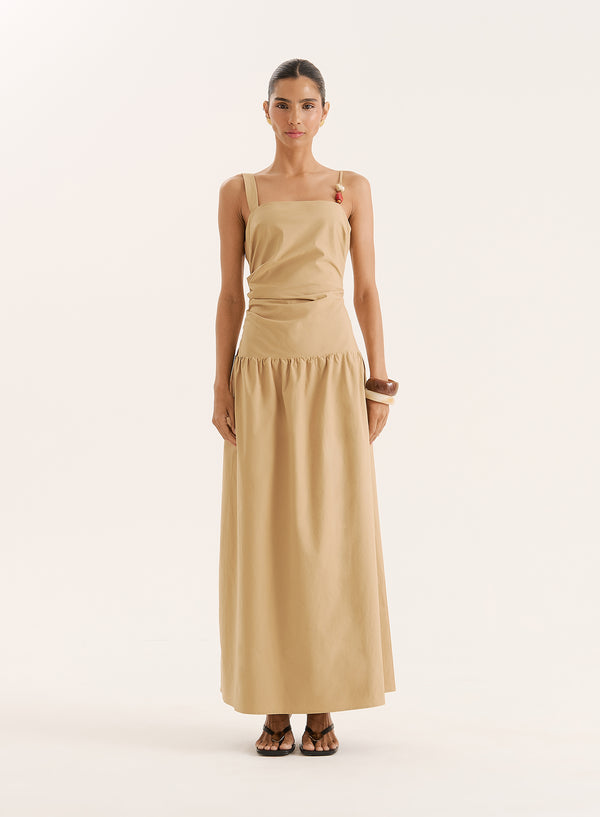 4th & reckless Camel Bead Detail Strap Drop Waist Maxi Dress- Antonia