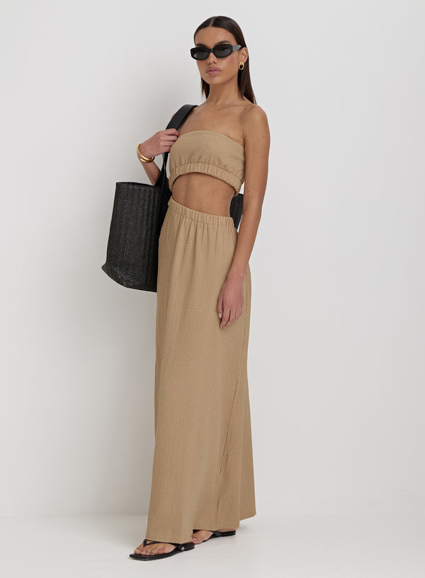 4th & Reckless Camel Textured Cut Out Bandeau Maxi Dress- Angie