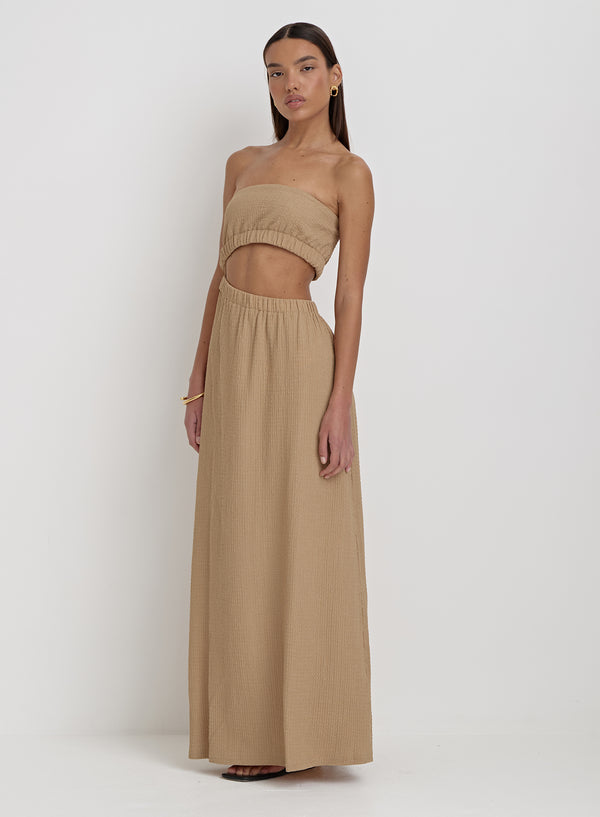 4th & Reckless Camel Textured Cut Out Bandeau Maxi Dress- Angie