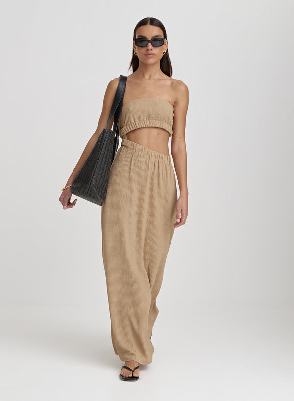 4th & reckless Camel Textured Cut Out Bandeau Maxi Dress- Angie