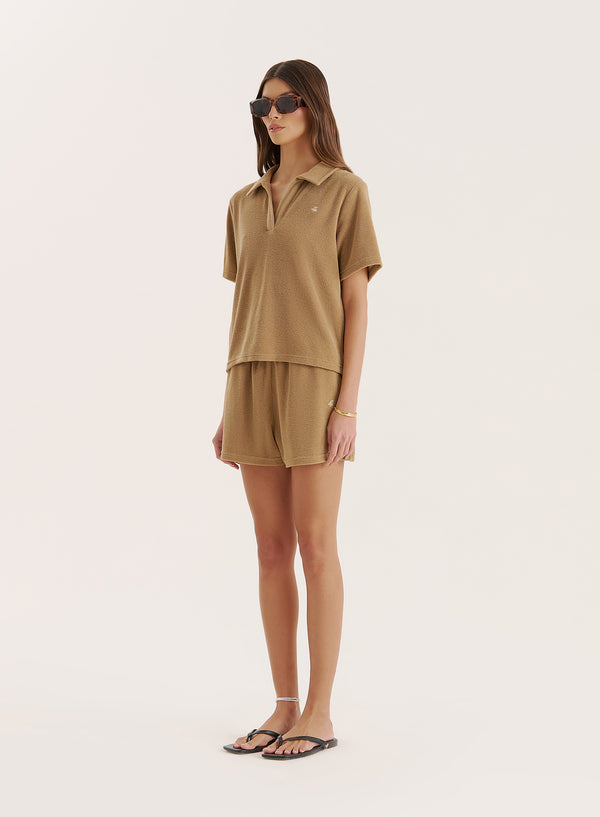4th & Reckless Camel Towelling Short Sleeve Polo Top- Zita
