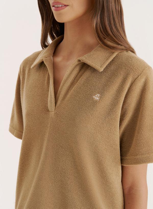 4th & Reckless Camel Towelling Short Sleeve Polo Top- Zita