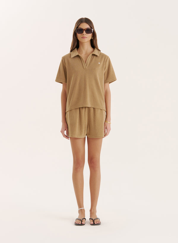 4th & Reckless Camel Towelling Short Sleeve Polo Top- Zita
