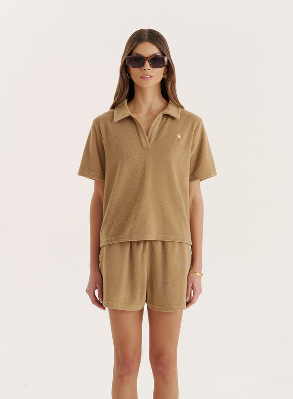 4th & reckless Camel Towelling Short Sleeve Polo Top- Zita